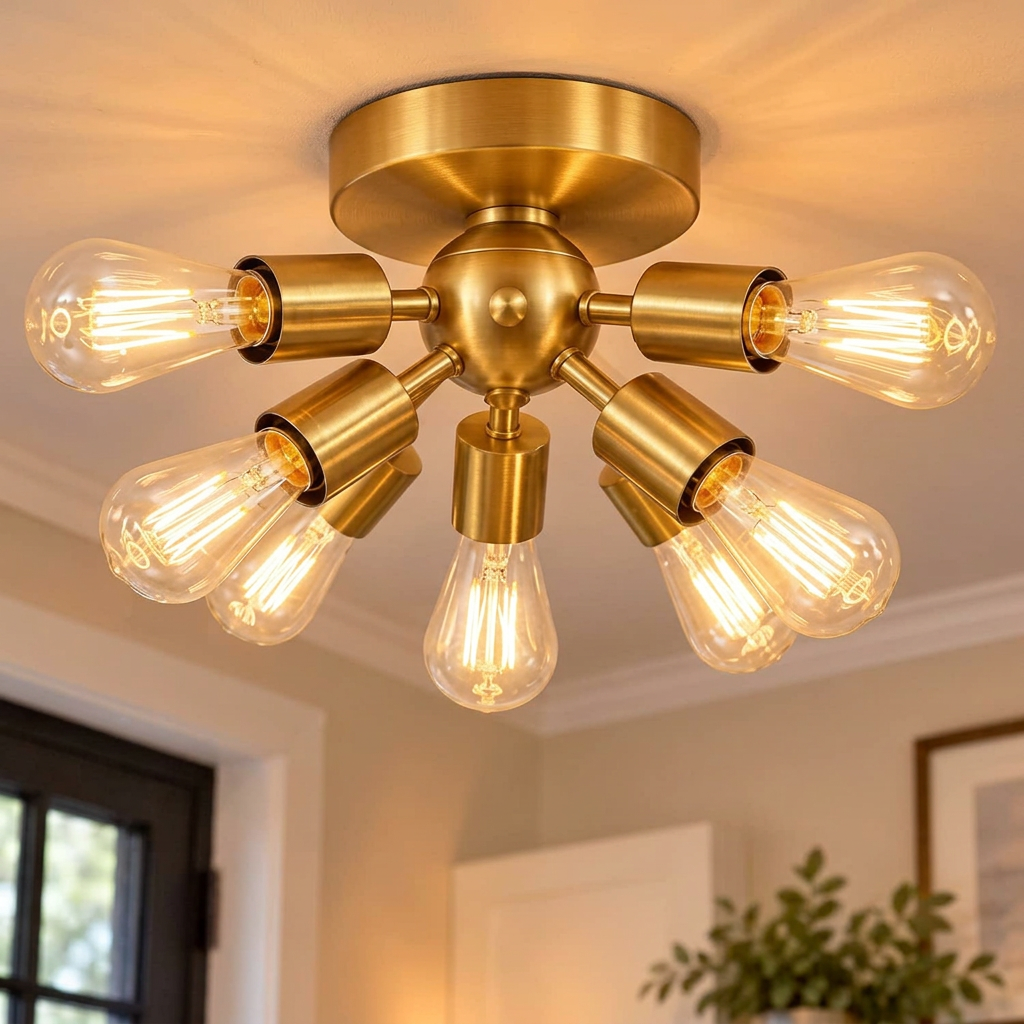 8-Light Brushed Gold Sputnik Flush Mount