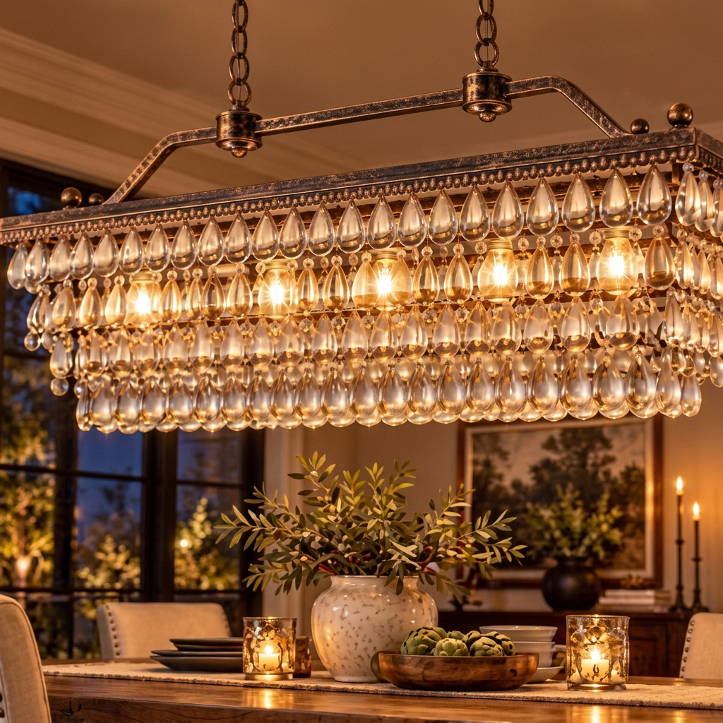 Antique Bronze Rectangular Crystal Chandelier