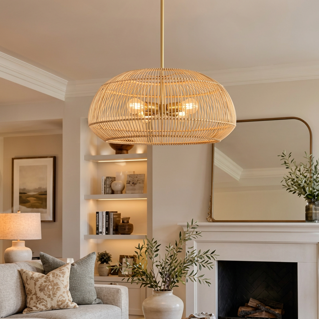 Modern Natural Rattan Pendant with Gold Accents